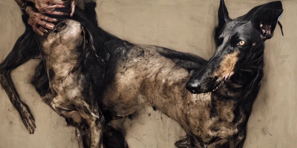 Image similar to woman with black greyhound, by nicola samori and jenny saville