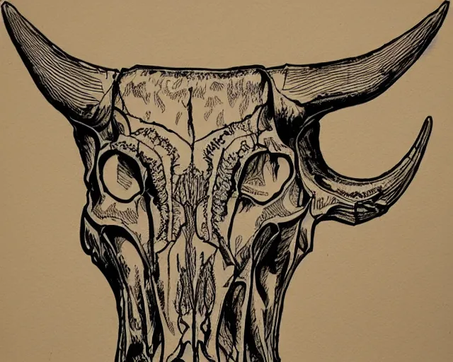 Image similar to Longhorn Skull, skull bone carved with patterns, wild wild west, tritone, mixed media, fine linework, pen and ink, symmetry