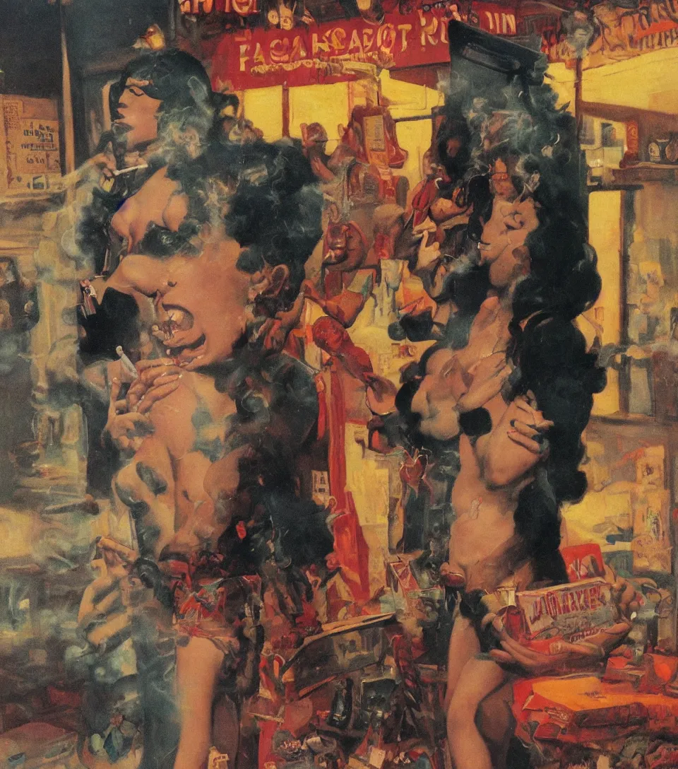 Image similar to standing portrait of ecstatic cardi b looking into the camera standing smoking a cigarette, warm street lights store front, 1 9 6 0 s technicolor, intricate, moody, personal, highly detailed, short focus depth, donato giancola, joseph christian leyendecker, frank frazetta, alex horley, ralph horsley, michael whelan, 2 0 0 mm focal length