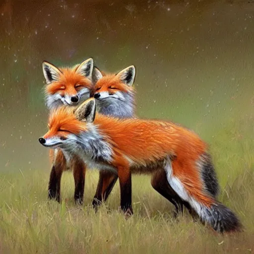 Image similar to a cute, meaningful, and profound oil painting of three foxes playing artstation james gurney