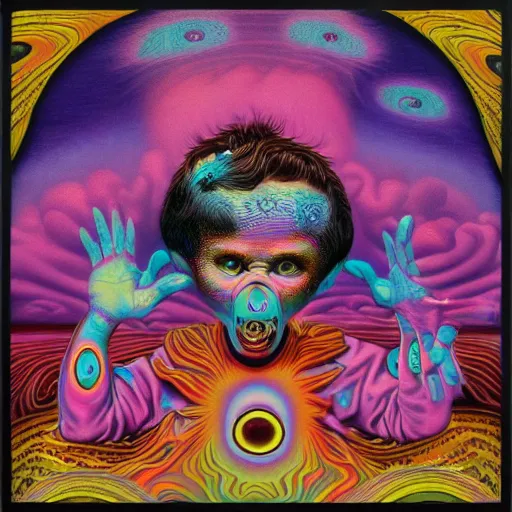 Prompt: Psychedelic LSD experience with insane trippy visuals in the style of an album cover by Mark Ryden and Alex Gross, Todd Schorr ,highly detailed, 8k UHD