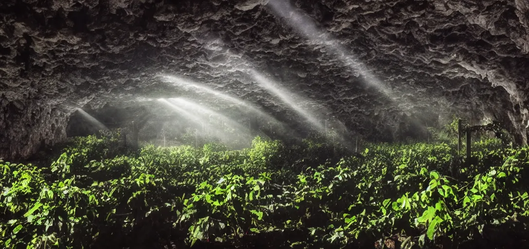 Image similar to large city in underground large cave, vines, god rays shot from far away