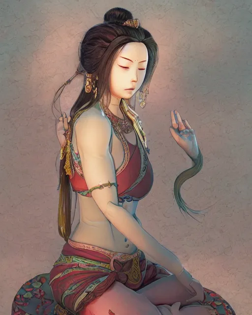 Prompt: character portrait of a contented female bodhisattva, praying meditating, color page, 4 k, tone mapping, doll, akihiko yoshida, james _ jean _ andrei _ riabovitchev _ marc _ simonetti, yoshitaka amano, digital illustration