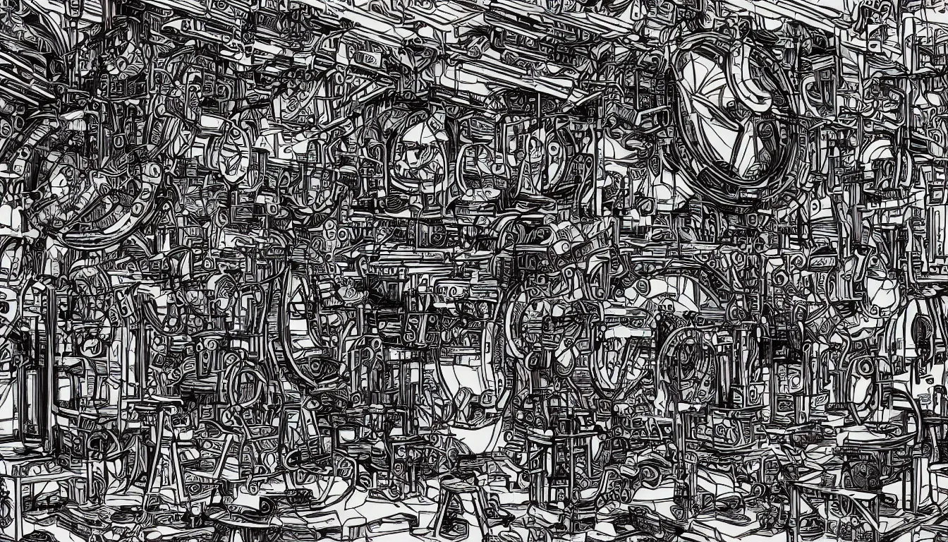 Image similar to The strange machine in the sprawling workshop. Black ink line drawing. Vivid colors. 4K.