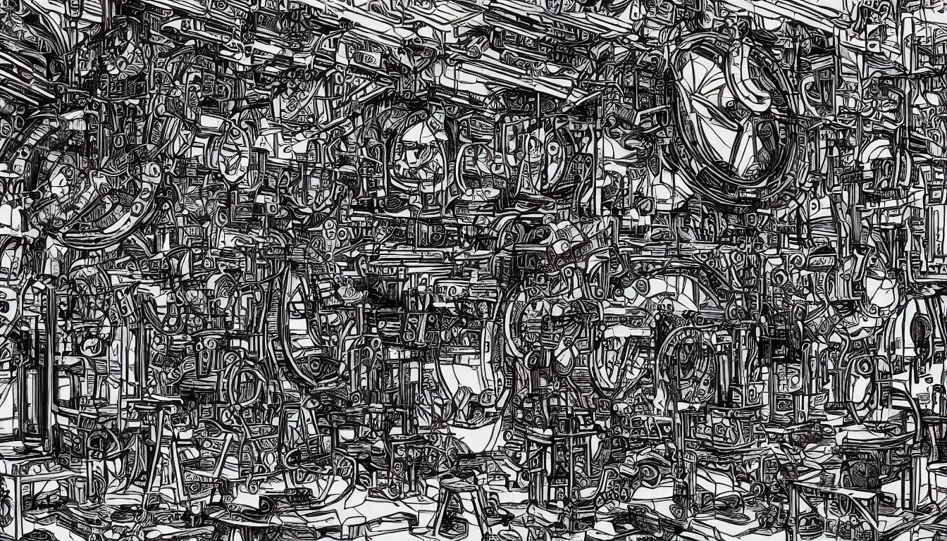 Prompt: The strange machine in the sprawling workshop. Black ink line drawing. Vivid colors. 4K.