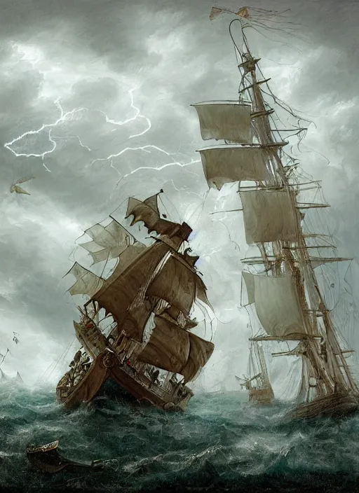 Prompt: mid shot portrait of a male pirate with two peglegs and two hook hands in foreground, fat obese pirate with beard, steering the rudder wheel of a wooden galleon tall ship of the line through a rain and lightning storm. view from on deck, sails masts rigging ropes pulleys, detailed dynamic light painting by peter mohrbacher