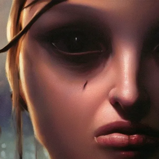 Image similar to closeup portrait of matilda from the movie leon the professional, natalie portman, city background, dramatic light, gorgeous view, depth, high detail, digital art, painted by greg rutkowski and seb mckinnon, by tim burton, trending on artstation