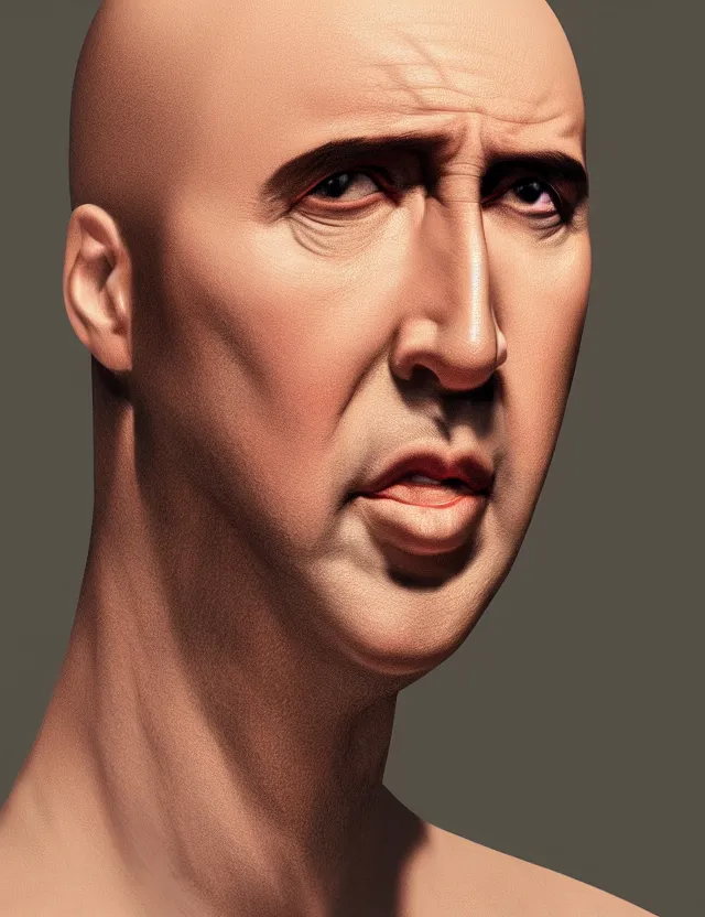 Image similar to portrait of bald nicolas cage neutral expression face straight on headshot even lighting no hair, trending on artstation