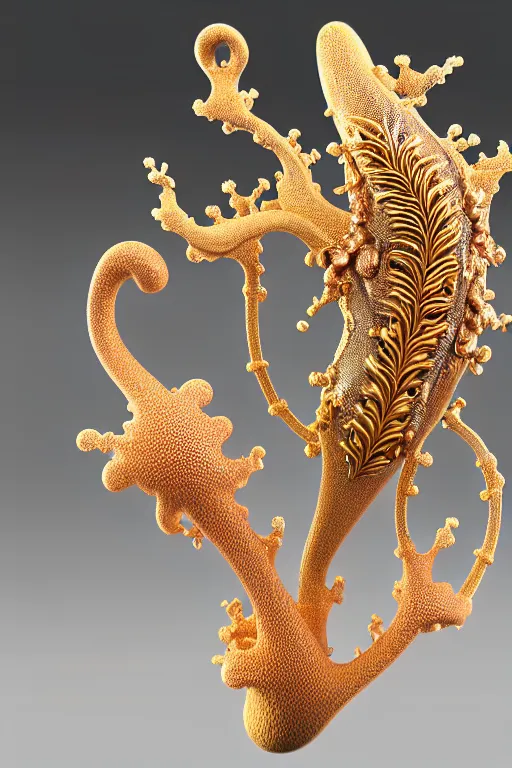 Prompt: complex 3d render ultra detailed of a beautiful porcelain colorful nudibranch, pure gold, distributed conciousness, biomechanical cyborg, analog, 150 mm lens, beautiful natural soft rim light, roots, fine foliage lace, ernst haeckel, chitin, visceral, art nouveau , intricate details, satin silver beautiful gold metal details, mesh wire, neri oxman, facial muscles, cable wires, microchip, elegant, hyper realistic, ultra detailed, octane render, volumetric lighting, 8k post-production