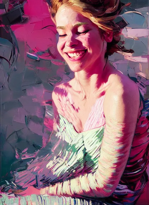 Image similar to portrait of a beautiful girl, smiling, ecstatic, dancing, eyes closed, open mouth, shades of pink, beautiful face, rule of thirds, intricate outfit, spotlight, by greg rutkowski, by jeremy mann, by francoise nielly, by van gogh, digital painting