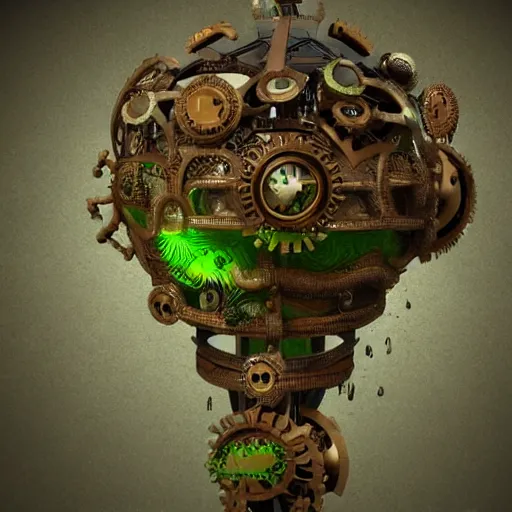 Image similar to steampunk device covered by ornamental green mold and mushrooms, fractal, manderblot, detailed, hyperrealistic, raytrace,