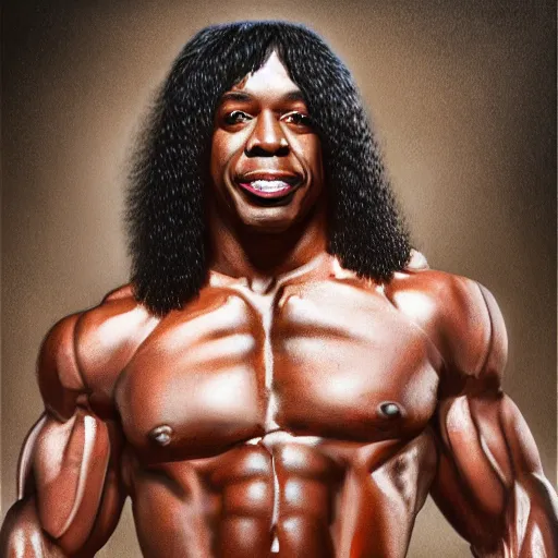 Image similar to Rick james with the physique of a body builder, hyper realistic, ultra detailed, cinematic, dynamic lighting, photorealistic, refined, intricate, digital art, digital painting, masterpiece, 8k