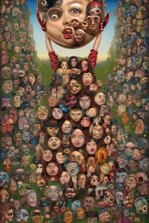 Prompt: a woman with many eyes using her head to catch trash Mark Ryden and Alex Gross, Todd Schorr highly detailed