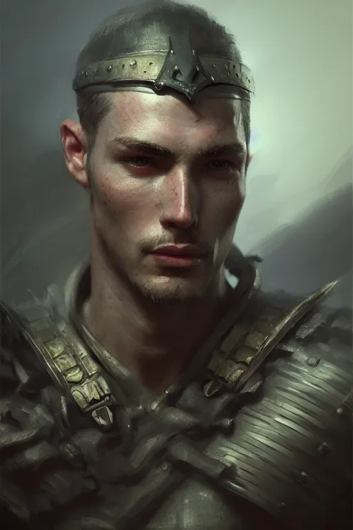 Prompt: a portrait of a male warrior, illustration, soft lighting, soft details, dark mood, painting oil on canvas by Cedric Peyravernay octane render trending on artstation d&d characters, 4k, 8k, HD