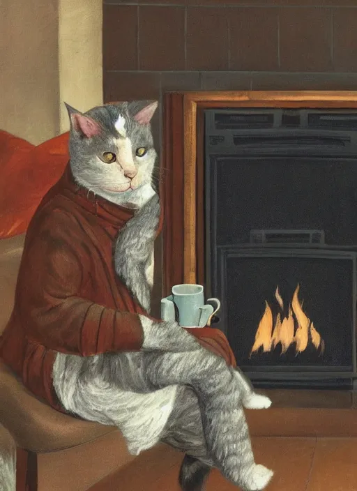 Image similar to A humanoid cat at home in a bathrobe and slippers with a cup of coffee next to the fireplace, Kenneth Grahame, 8k, hd