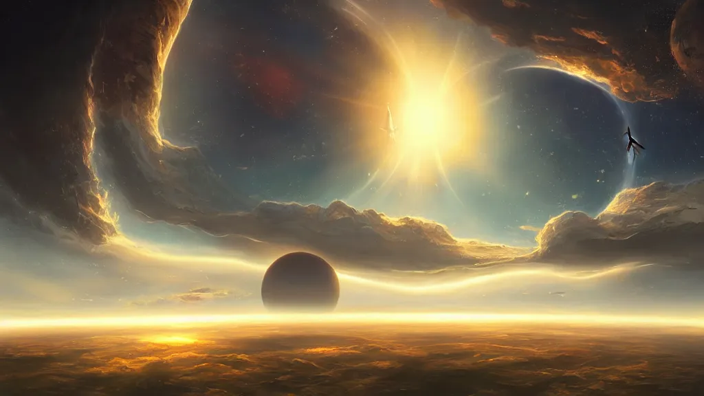 Prompt: A view from earth of three suns in the sky, art by Jessica Rossier,