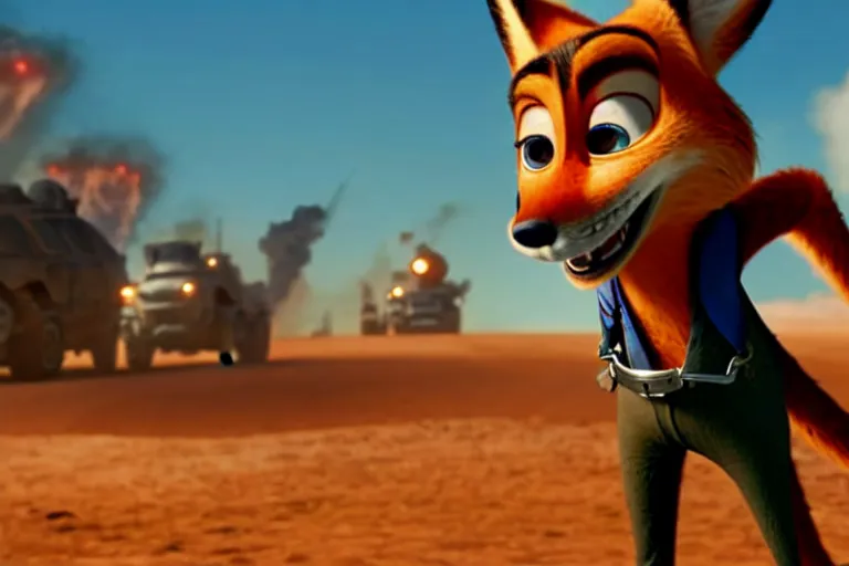 Image similar to nick wilde ( from zootopia ), heavily armed and armored facing down armageddon in a dark and gritty reboot from the makers of mad max : fury road