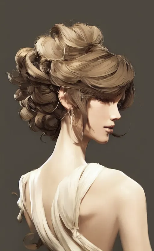 Prompt: beautiful hairstyle with a few pearls, tied with a white bow, pinterest hair picture, back of the hair, hair is the focus, In style of Yoji Shinkawa, krenz cushart, Greg Rutkowski, highly detailed