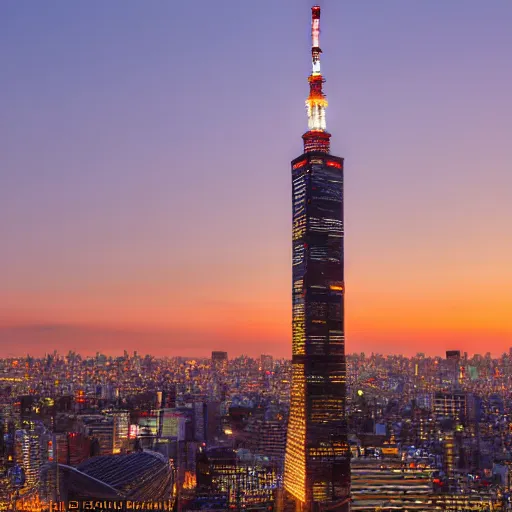 Prompt: The skyline of Tokyo at sunset, photograph, high-resolution, hot on 500px