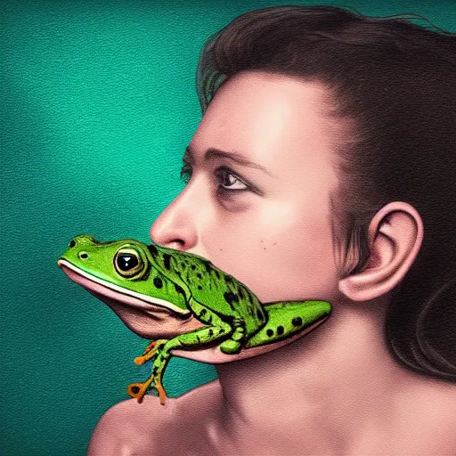 Image similar to a person swallowing a frog, digital art, hyper detailed