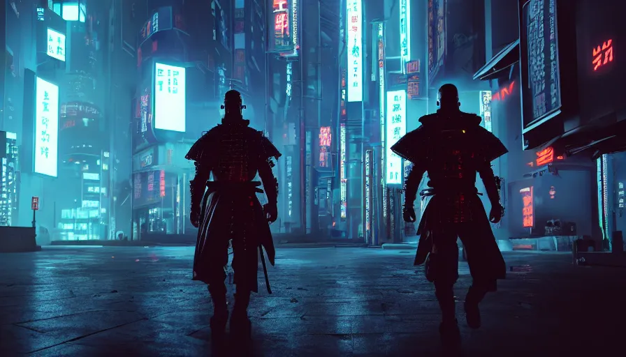 Prompt: movie still, a man in samurai armor in night city,, cyberpunk horror style, cyberpunk, cyberpunk futuristic neo, detailed and intricate environment, octane render, unreal engine, 4 k