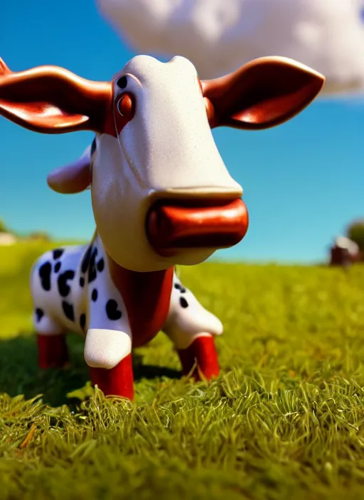 Prompt: highly detailed closeup, face profile portrait of a retro 1 9 5 0 s tin toy cow chewing cud on pasture, dream bubbles, unreal engine, nicoletta ceccoli, mark ryden, earl norem, lostfish, global illumination, detailed and intricate environment