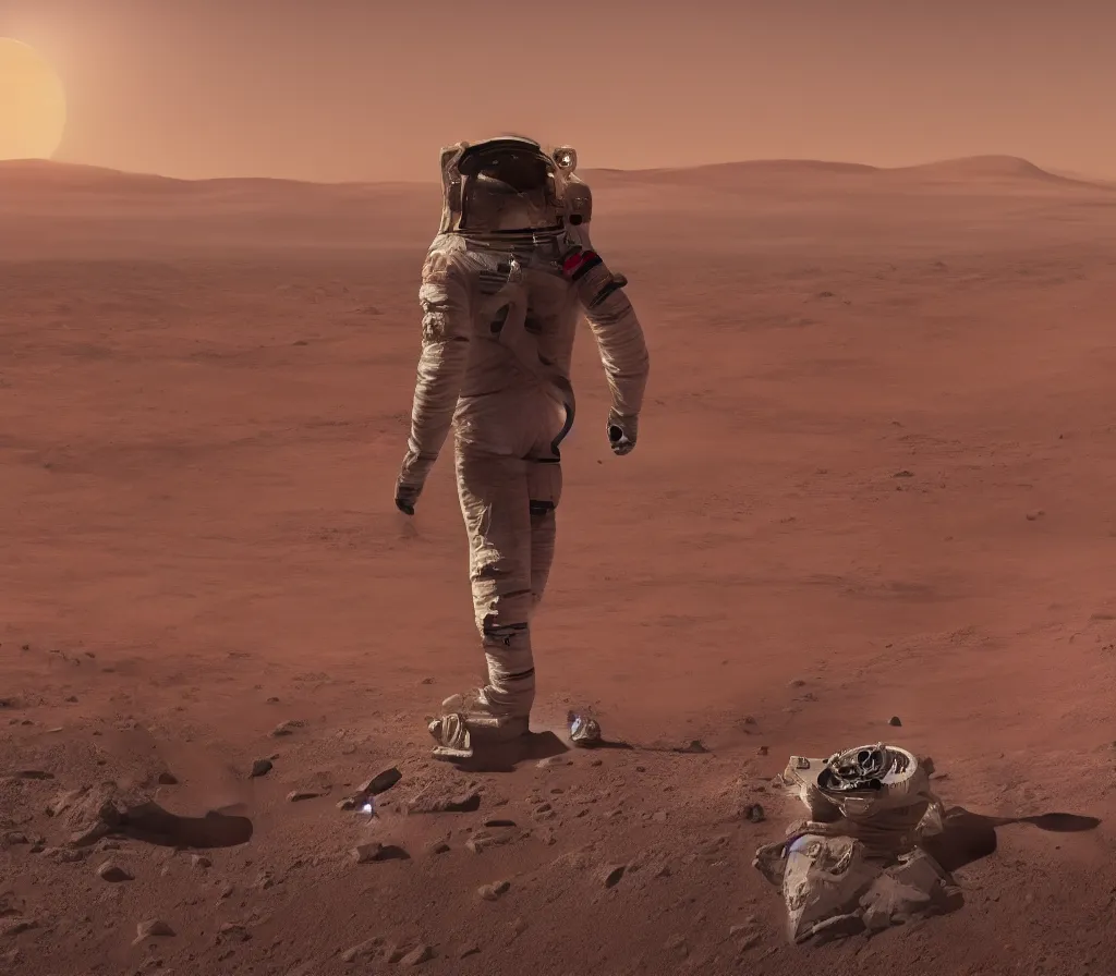 Image similar to Detailed photo of an astronaut seen from behind, he is standing on top of mount Venus on Mars, he is watching the Starship Super Heavy landing at the background, the Starship is landing at the base on the first martian colony, the sunset has just come with the characteristic cold color tone from Mars, the photo was taken by John Kraus, photorealistic, matte painting, hyper realistic, concept art, 4k, 8k, cinematic composition, cgsociety, HD, highly detailed, octane render, unreal engine 5, trending on artstation, shaders