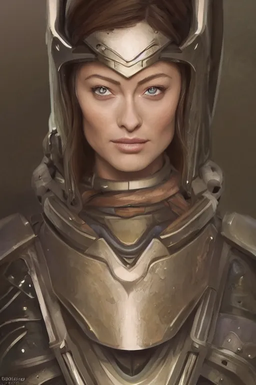 Image similar to a professional painting of a young Olivia Wilde, clothes in military armor, olive skin, long dark hair, beautiful bone structure, symmetrical facial features, intricate, elegant, digital painting, concept art, smooth, sharp focus, illustration, from StarCraft by Ruan Jia and Mandy Jurgens and Artgerm and William-Adolphe Bouguerea