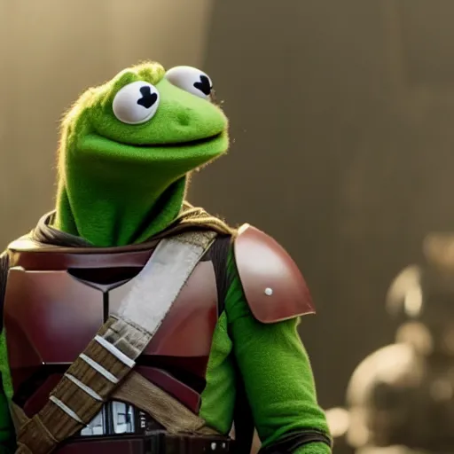 Prompt: Film still of Kermit the Frog as a Mandalorian, from The Mandalorian (2019)