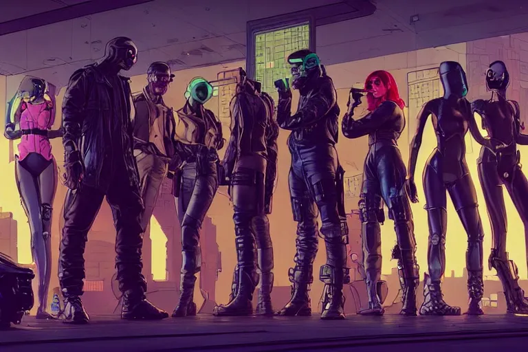 Image similar to cyberpunk heist crew. portrait by stonehouse and mœbius and will eisner and gil elvgren and pixar. character design. realistic proportions. dystopian. cyberpunk 2 0 7 7 character art, blade runner 2 0 4 9 concept art. cel shading. attractive face. thick lines. the team. diverse characters artstationhq..