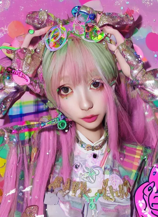 Image similar to 3 d decora gyaru fashion melting anorexic pastel cute pallete slimy angelic angel character, decora inspired illustrations, maximalist cgi, soft lighting, glitter glue, checkered burberry patterns, scribbles and doodles