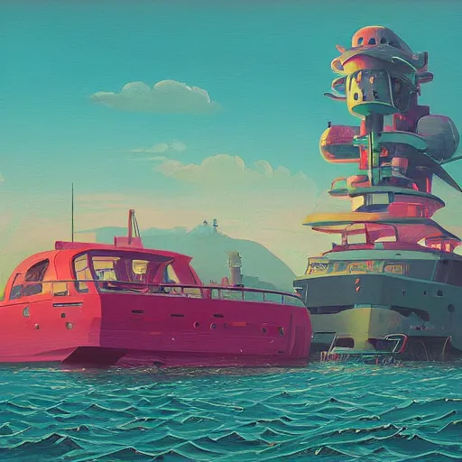 Image similar to yacht party by simon stalenhag