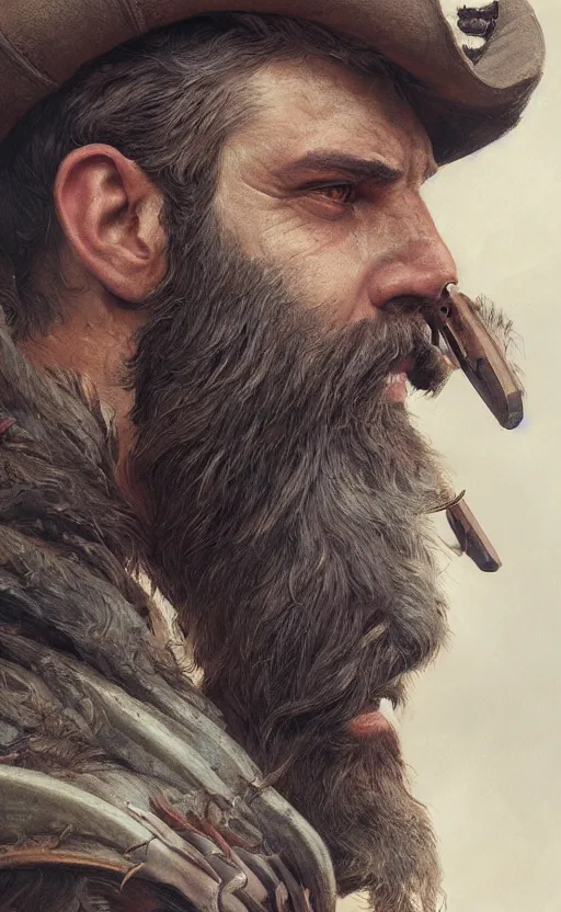Prompt: close up portrait painting of a bearded hunter, ultra realistic, concept art, intricate details, serious, highly detailed, photorealistic, octane render, 8 k, unreal engine. art by artgerm and greg rutkowski and alphonse mucha