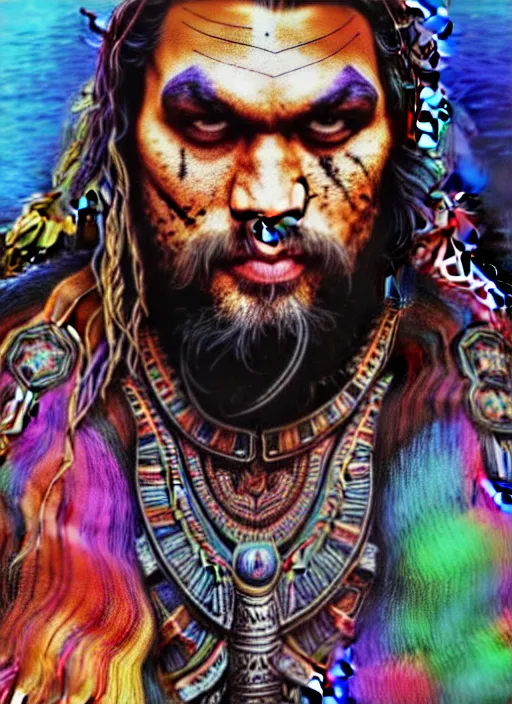 Image similar to portrait of jason momoa, hyper detailed ultra sharp aztec shaman warrior. trending on artstation, warpaint aesthetic, bloodwave, colorful, psychedelic, ornate, intricate, digital painting, concept art, smooth, sharp focus, illustration, art by artgerm and greg rutkowski and h. r. giger, 8 k