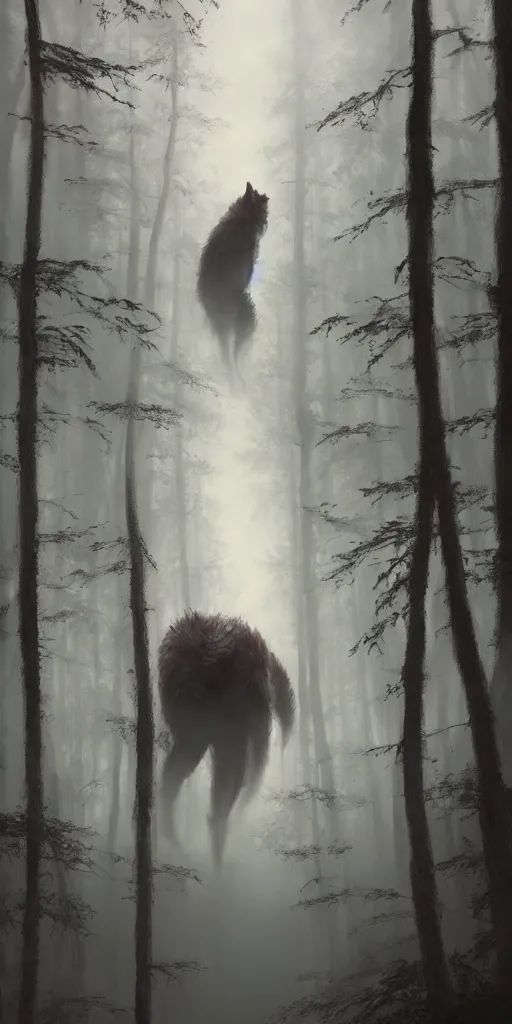 Image similar to a painting of a big werewolf in a foggy dense forest by greg rutkowski, dark fantasy art, high detail, trending on artstation