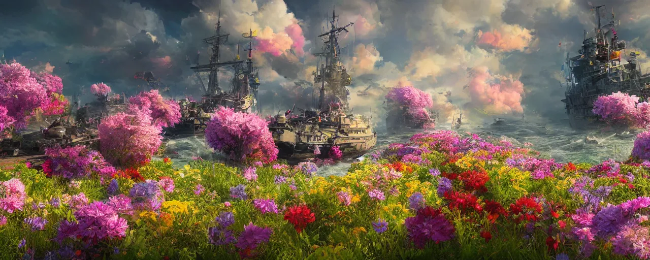 Image similar to a fantasy battle ship fly upon a sea of flowers, wide apertture, colorful, trending on artstation, 8 k resolution, ultra detailed, hyperrealism, unreal engine render