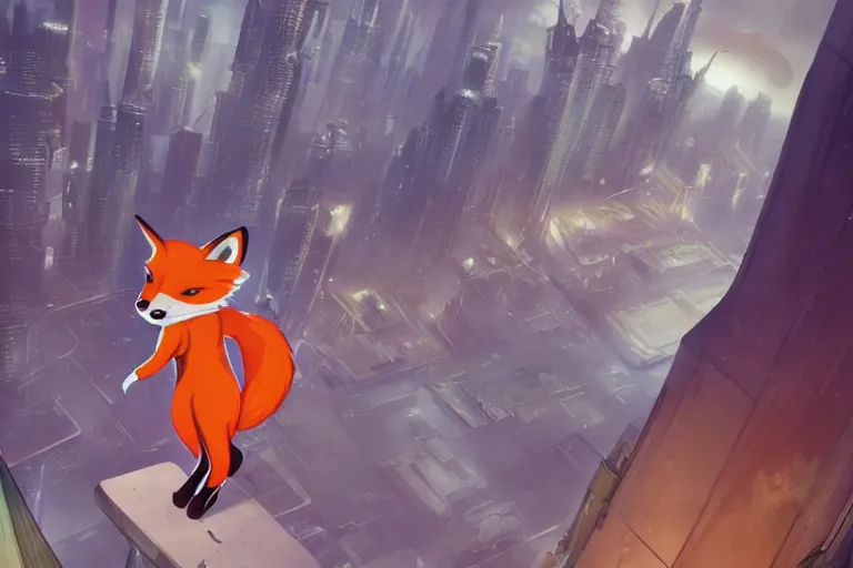 Image similar to an anthropomorphic fox with a fluffy tail staring over a futuristic city from the top of a roof, comic art, trending on furaffinity, cyberpunk, backlighting, cartoon