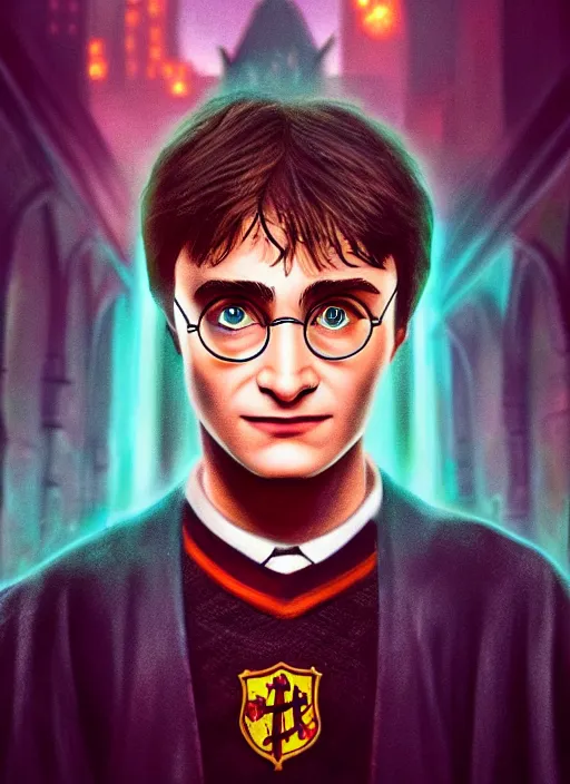 Prompt: harry potter portrait, hogwarts 2 0 7 7, neon, atmospheric, detailed, detailed illustration, 4 k, digital art, sharp focus, abstraction, trending on artstation