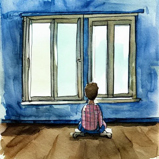 Image similar to person in pyjamas standing near window, sun rays, daylight, big french door window, 2 4 mm, wooden floor, modern, blue sky, photorealistic, high ceiling, watercolor painting