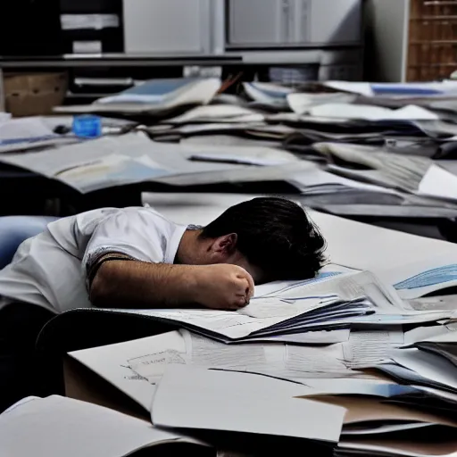 Image similar to a worker asleep between piles of papers