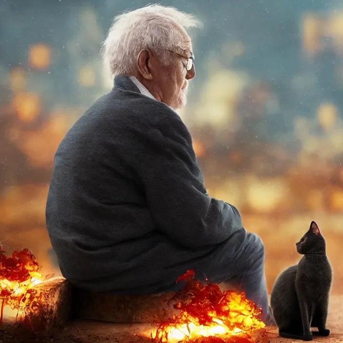 Image similar to cinematic movie close up shot, background blur bokeh, old man sitting with black cat watching nuke explosion close up!, world ending nuke, 4 k