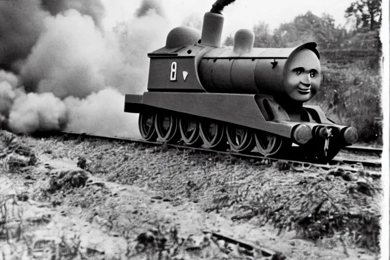 Image similar to WW2 era photograph, the face of Thomas the tank engine attached to a 800mm German super-heavy-mortar with a huge gun barrel shooting, there are german soldiers running around