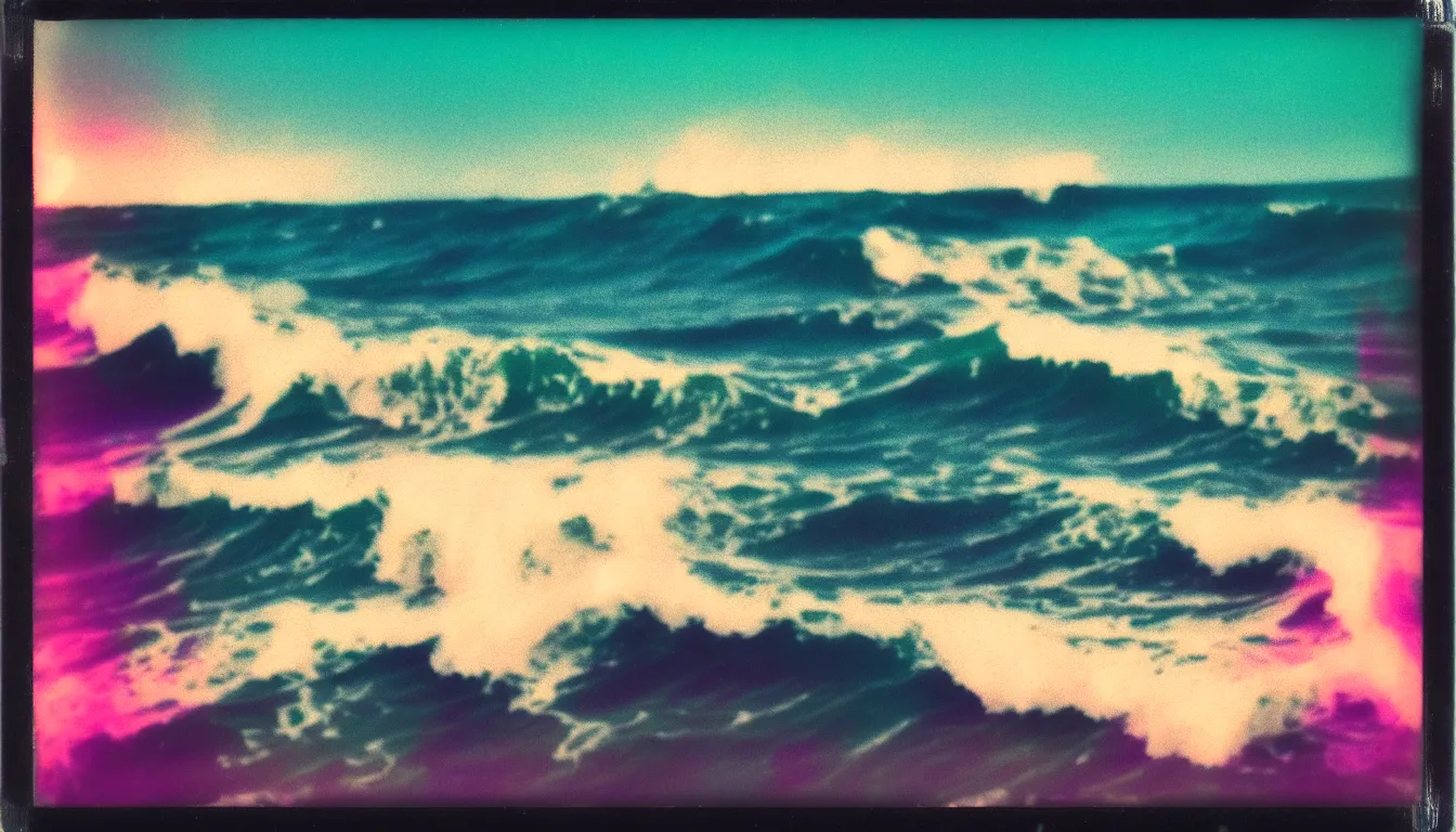 Image similar to colorful instant photograph ocean waves at night, polaroid, light leak, raw, nostalgic