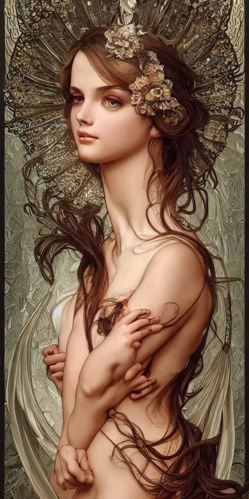 Image similar to a photograpic portrait of a pretty woman, angel, fantasy, intricate, elegant, highly detailed, digital painting, artstation, centered, concept art, smooth, sharp focus, illustration, art by artgerm and h r giger and alphonse mucha