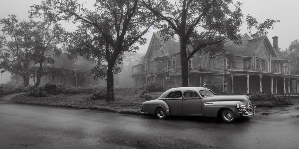 Image similar to Lovecraft Country, ultra detailed haunted house, rain, establishing atmospheric shot, unreal engine, F11 aperture, night, volumetric fog, lighting and thunder, film grain, ultra detailed grey 1948 Packard Station Sedan parked in the street,