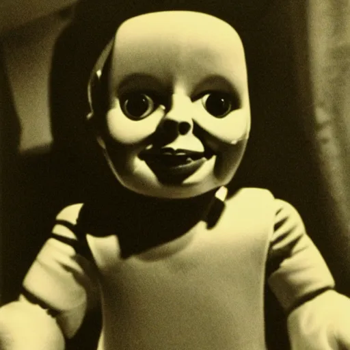 Prompt: a creepy doll with an unnatural smile from a horror movie, it is deformed and is staring at the camera from the end of a dark liminal hallway. caught on vhs, film grain, flashlight lighting,