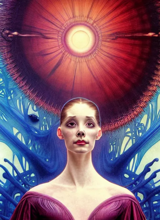 Image similar to realistic detailed portrait movie shot of a prima ballerina wearing a dark robes, sci fi city landscape background by denis villeneuve, amano, yves tanguy, alphonse mucha, ernst haeckel, max ernst, roger dean, masterpiece, rich moody colours, dog teeth, blue eyes, sunset