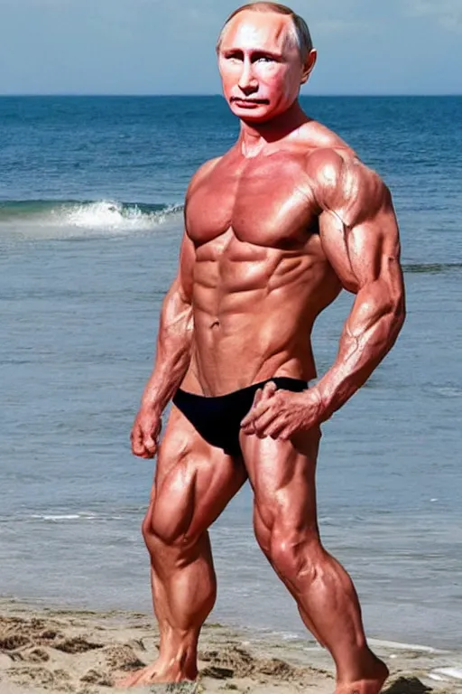 Prompt: Putin on a beach with muscles, full character, hyper realistic, highly detailed