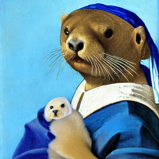 Image similar to a sea otter with a pearl earring, by Johannes Vermeer