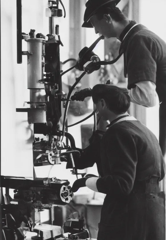 Prompt: a close - up casual photo of marcel duchamp working on a machine, 1 9 2 0 s monochrome snapshot, graflex 4 x 5, f 1. 8, 3 5 mm, ilford delta 3 2 0 0 pro